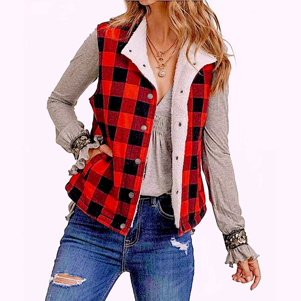 Buffalo Plaid Sherpa Vest, 2XL